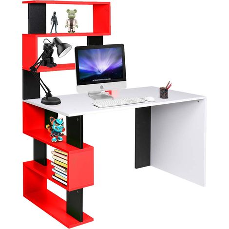 Scrivania Libreria 7 Ripiani Tavolo Porta Pc Computer Legno Casa Ufficio Rosso (1/4)