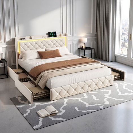 Letto matrimoniale 140x190 imbottito - Velluto beige - 4 cassetti - LED RGB + USB-C - Rete in legno