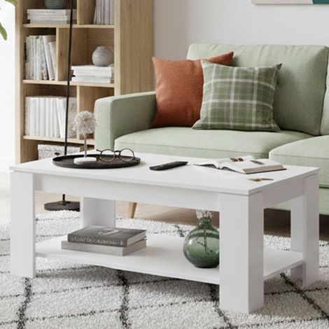 Table basse Chicago, Table basse avec étagère élévatrice, Table basse de salon, 102x50h43/54 cm, Blanc mat (1/5)