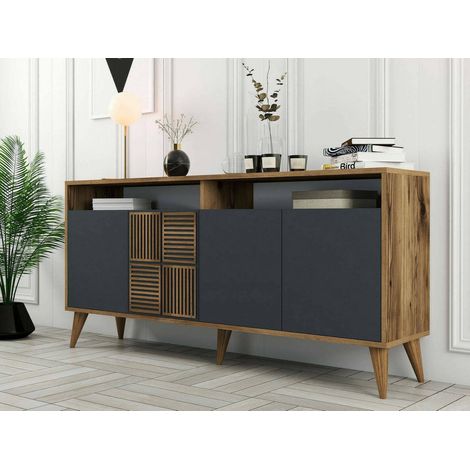 Dmora - Credenza Garigliano, Buffet da soggiorno, Madia da salotto, Dispensa da cucina, 160x35h79 cm, Noce e Antracite (1/5)