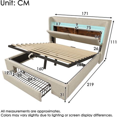 Cadre de lit 160x200 cm beige lin avec coffre de rangement hydraulique, tête de lit compartimentée, éclairage LED, ports USB-C, sommier à lattes en bois, matelas inclus