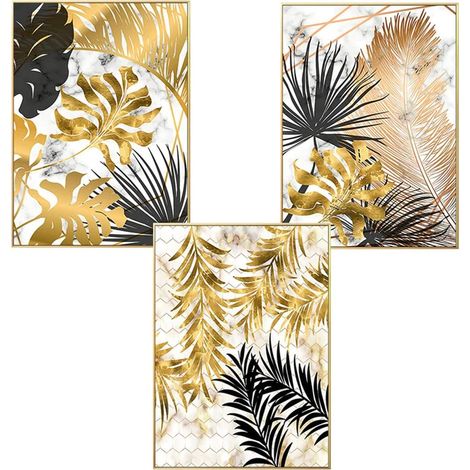 LITZEE Set mit 3 Design-Wandplakaten mit Waldmustern, Blattgold, Palme, ungerahmt, StyleD Living Room Wall Decor (1/5)
