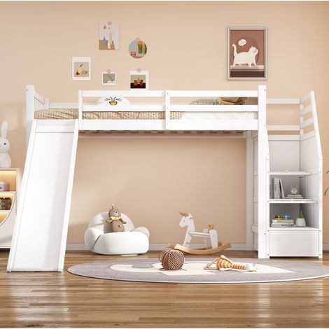 (=WX000312AAK-1) 90x200cm, Hochbett, Kinderbett, Leiterposition optional, mit Rutsche, Abnehmbarer Zaun, Ablageleiter, EN747 zertifiziert, Ohne Matratze, weiß (1/5)