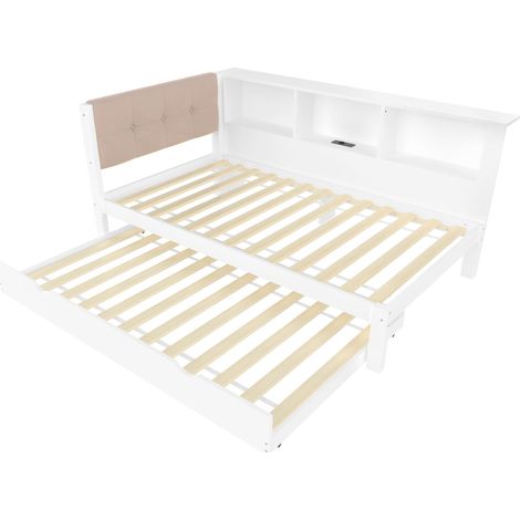 Lit de jour, lit banquette, canapé-lit, 90x200cm, lit simple (sans matelas), avec lit gigogne, avec bande LED à intensité variable, avec étagère pratique, avec port USB, 90x200cm, bois de pin, blanc (1/5)