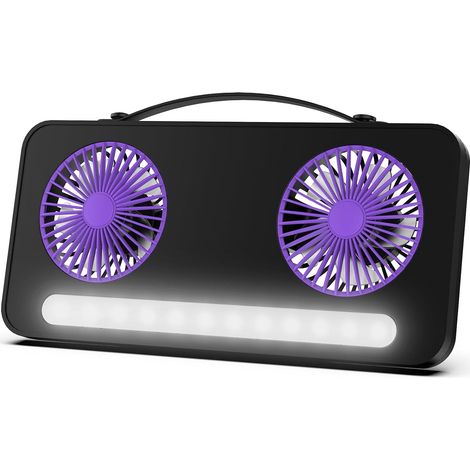 Ventilateur Usb Bureau avec Lumière, 1200mAh Ventilateur à Double Tête avec Poignée, 3 Vitesses, Ventilateur Silencieux, pour Bureau, Chambre, Extérieur - Gris Violet (1/5)