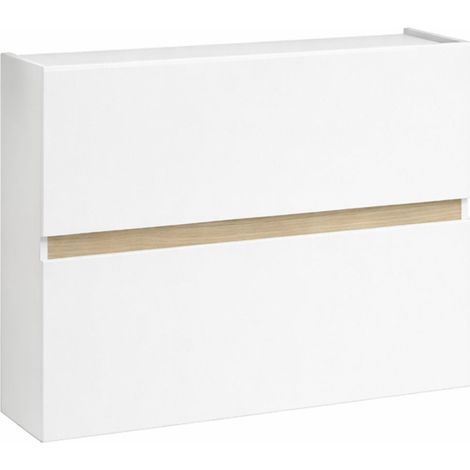 Meuble à chaussures 2 portes abattantes laqué blanc et décor bandeau aspect bois - EDEN (1/5)