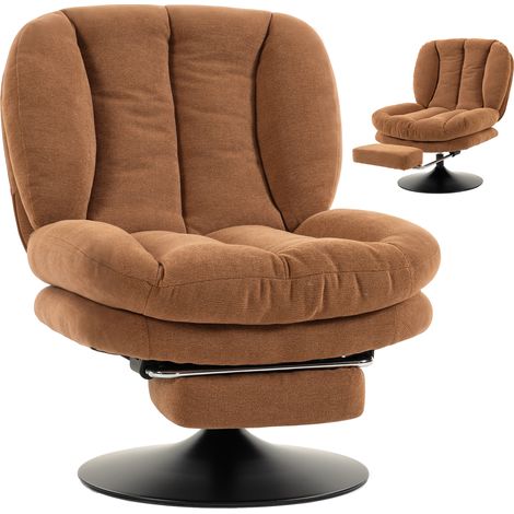 HOMCOM sillón de salón con reposapiés ajustable y giratorio 360°, tapizada en lino, respaldo forma abanico, acolchado grueso, marrón oscuro (1/5)