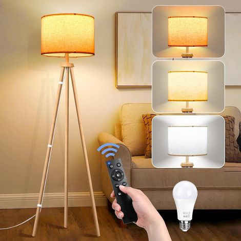 Dimmable LED Tripod Floor Lamp, E27 12W Bulb Included Wooden Floor Lamp with Remote Control and Foot Switch, 3 Colour Temperatures Floor Lamp Living Room (1/5)