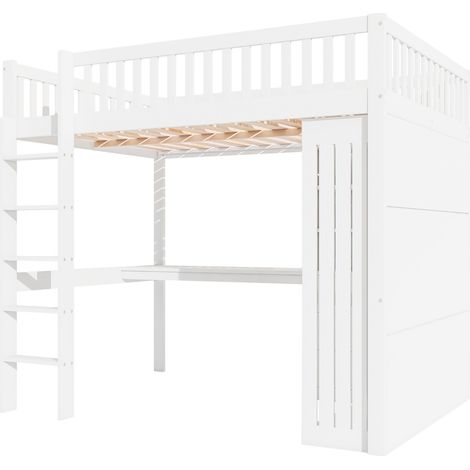Cama alta 140 x 200 cm blanca con escritorio, armario, 3 cajones y escalera (1/5)