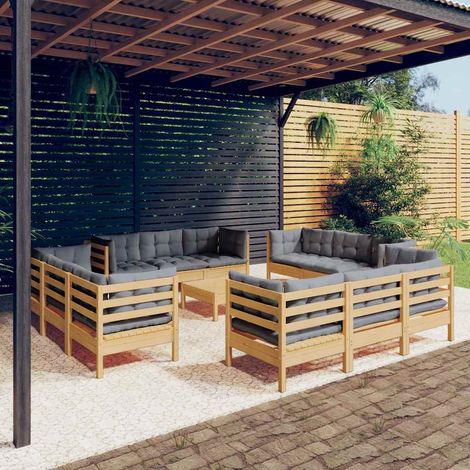 vidaXL Set Divani da Giardino 13 pz con Cuscini Grigi Massello di Pino (1/4)