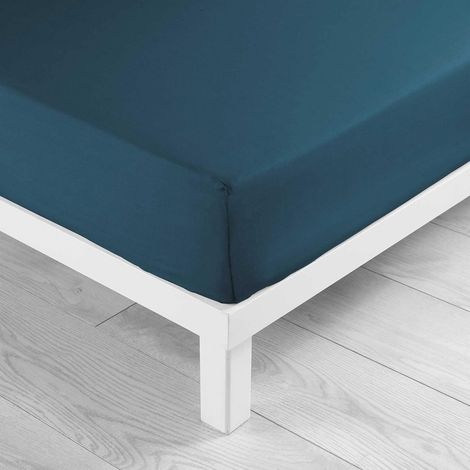 1 Drap Housse, 90x190 cm, 100% Coton, Tissage 57 fils, Bleu, Pour matelas jusqu'à 30 cm (1/5)