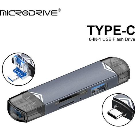 Lecteur De Carte SD - Adaptateur OTG USB Type C - Compatible Cartes TF Micro SD - Hub 6-en-1 - USB 2.0 - Gris