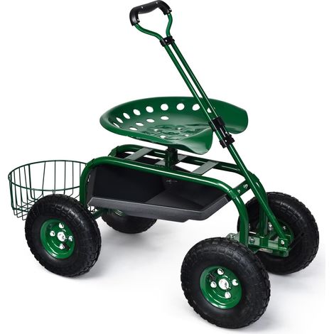 GOPLUS Siège de Jardin Roulant avec 2 Plateau à Outils, Poignée Ronde Extensible, Panier de Rangement, Siège Hauteur Réglable 45,5-54,5cm avec 4 Roues en Caoutchouc, Vert (avec Poignée) (1/5)