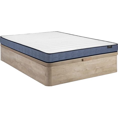Set 160 x 200 cm con letto contenitore in tessuto naturale chiaro + materasso a molle insacchettate, spessore 19 cm – DAYNI di YSMÉE (1/5)
