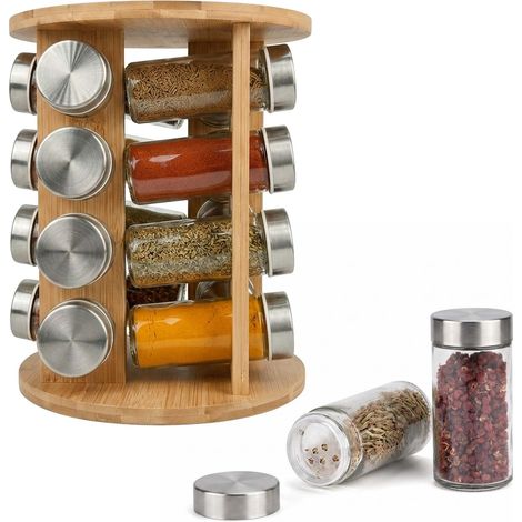 Relaxdays Spice Carousel, 16 spice jars, 360° rotating, H x D: 27 x 19 cm, bamboo, natural (1/5)