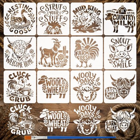 12Pièces Pochoirs Peinture Style Campagnard Rustique Avec Pinceau 15x15cm Modèles Animaux Ferme Réutilisables Pochoir Mots PET Thème Animal DIY pour Décoration Mur, Sol (1/5)