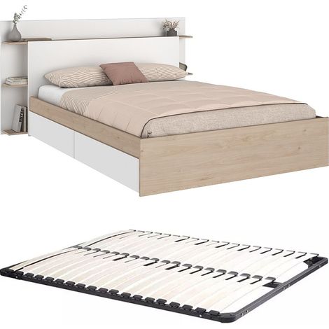 Letto 140 x 190/200 cm con 4 cassetti Naturale e Bianco + Rete - TILONIDE (1/5)