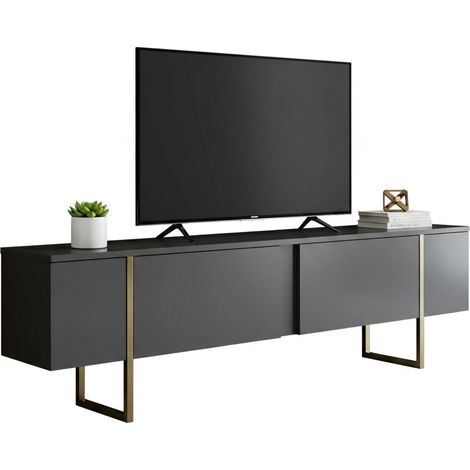 Dmora - Mueble de televisión Centaurus, Aparador de salón, Mueble bajo para TV, Base de pared equipada, 180x30h50 cm, Antracita y Oro, con embalaje reforzado