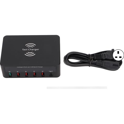 40-W-USB-Ladestation mit 6 Ports, QC 3.0, LCD-Display und kabelloser Ladefunktion – Netzteil 100–240 V, UK-Stecker, Schwarz