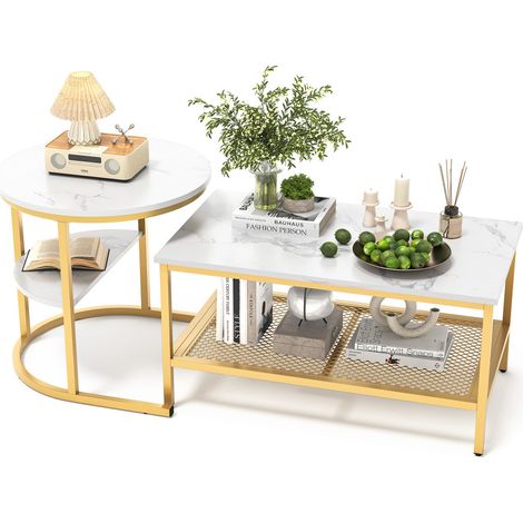 Pour famille et petits salons, lot de 2 tables basses gigognes empilables avec cadre métal doré (1/5)