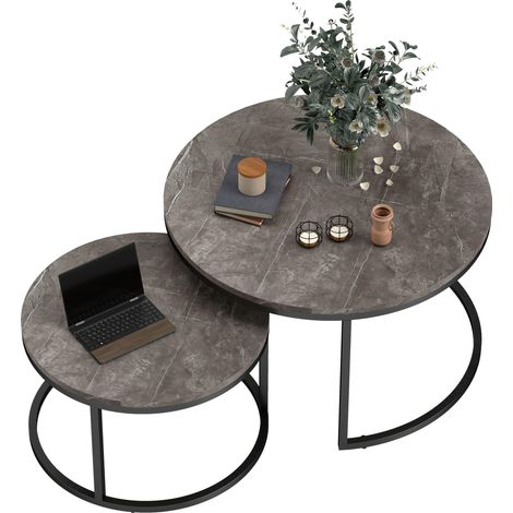 Lot de 2 tables basses gigognes empilable design industriel plateau imitation ciment pieds en métal gris