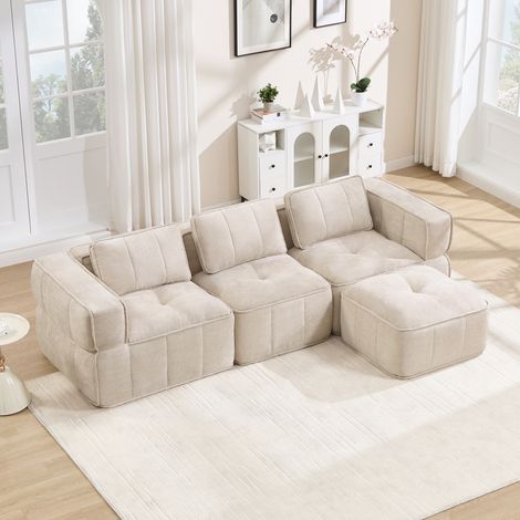 Divano modulare a L 271x162x67 cm, senza telaio con pouf, seduta profonda, tessuto in poliestere beige (1/5)
