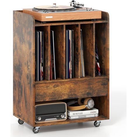 COSTWAY Record Player Stand On Wheels Rolling Turntable Stand with 5 Compartments Rustic Brown