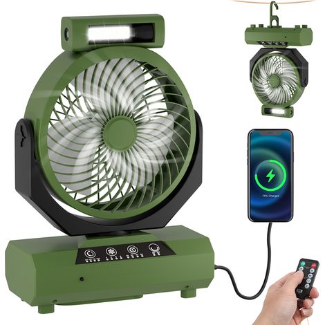 Randaco Ventilateur De Camping Usb 20000 Mah Avec Lumière Led,Ventilateur De Bureau/Tente Rechargeable Portable Avec Télécommande Et Croch,Vert (1/5)