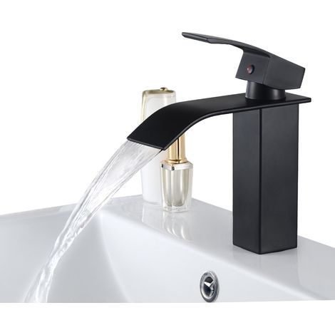 CECIPA Mtigeur de lavabo Noir Robinet Cascade Mono-trou Robinetterie Lave-mains avec Levier Mélangeur à l'Eau Chaude et Froide pour Salle de Bain (1/4)