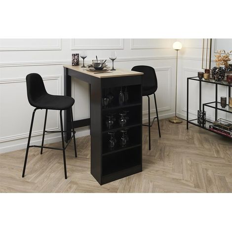KANPE - Ensemble Table de Bar avec Etagères + 2 Tabourets Velours Côtelé Noir Konae (1/5)