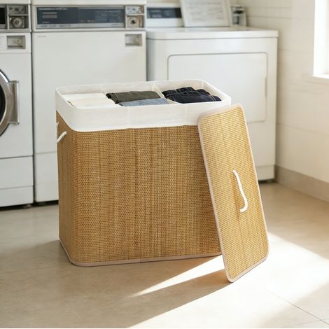 Wäschekorb 60x40x60 cm braun aus Bambus mit Deckel, 3 Fächern und herausnehmbarem Wäschesack (1/4)