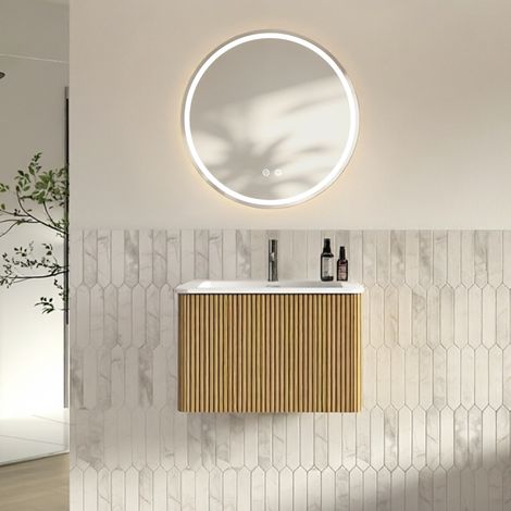 Mueble de baño suspendido de 60 cm con lavabo, cajón y espejo LED redondo efecto roble (1/5)