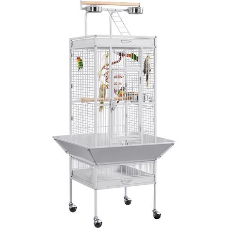 Yaheetech Grande Cage Perroquet Volière Oiseaux Métal Roulettes Mobile Zone Jeu Cacatoès Perruche Canaris Perroquet Blanche