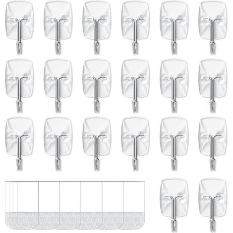 20 Crochets, 24 Languettes, Crochet en Fil Métallique Transparents, Crochet Adhesif Mural de Petit Modèle - Pour Accrocher et Décorer Sans Abîmer et Sans Percer (1/5)