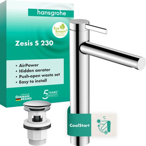 Hansgrohe Zesis S - Waschtischmischer mit Push-Open Ablaufgarnitur, EcoSmart+, CoolStart, Chrom 74732000 (1/3)