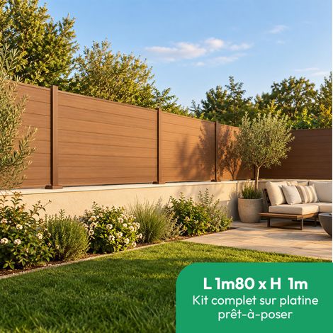 Kit complet clôture composite et aluminium sur platine H 1m L 1m80 marron teck (1/5)
