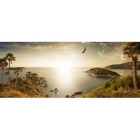 Tableau paysage île paradisiaque | Tableau sur toile coucher de soleil pour chambre | Tableau exotique mer, palmiers et falaises 1,0 x 0,4 m (1/2)