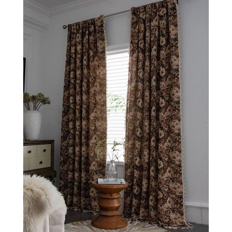JSSEVN - Vintage oil painting curtains with tassels, 1 pc rod pocket panel, thermal insulated bedroom blackout window curtains (coffee, 59" x 63") (1/5)