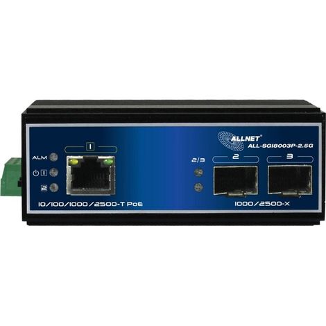 Allnet Conmutador industrial no administrado de capa 2, 3 puertos, 2.5 GbE, Presupuesto PoE de 90 W, 1 puerto PoE (1/5)