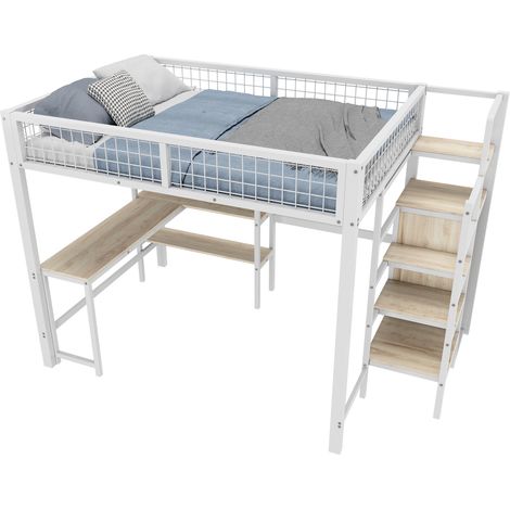 Lit mezzanine 140200 cm, lit en fer, échelle-étagère, plusieurs étagères, sans matelas, armoire intégrée, bureau, blanc
