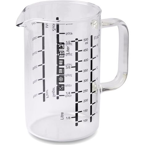 Verre doseur 500 ml - Pichet doseur avec deux échelles et différentes unités de mesure, transparent, résistant à la chaleur, idéal pour mesurer avec précision les liquides et les ingrédients (1/5)