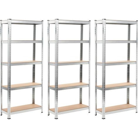 Set di 3 robusti scaffali portaoggetti per attrezzi da officina/garage in acciaio zincato e MDF 172 cm argento 020000719