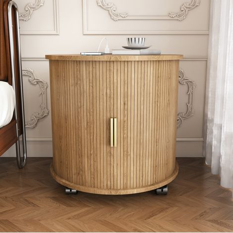 Mesita de noche redonda con puerta corredera, efecto roble, 60 x 60 x 60 cm OKMYHOME (1/5)