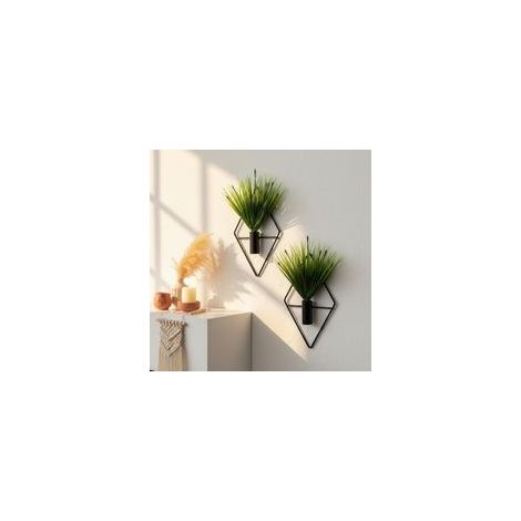 Ensemble de 2 pots de fleurs suspendus en métal en forme de losange - une décoration murale géométrique moderne adaptée à la maison, au salon et au bureau (noir, fleurs non incluses).