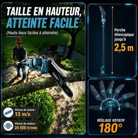 Tronçonneuse télescopique 8 pouces – Moteur Brushless 1200W – 2 batteries 4000 mAh – Extension jusqu'à 4m pour élagage précis - 2-en-1