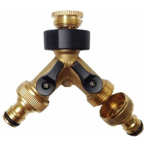 Divisor de manguera de 2 vías de latón macizo, conector de manguera de 2 vías con válvulas de encendido/apagado, grifo y salidas de 3/4", use hasta 2 mangueras al mismo tiempo (1/4)