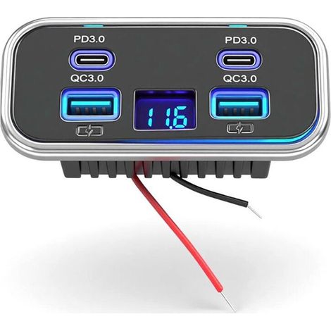 Chargeur de Voiture USB 12 V à Quatre pour Camping-Car, Double Port PD3.0 20 W et QC3.0 18 W, avec Voltmètre, pour Bus, Camion, Marine. (1/2)
