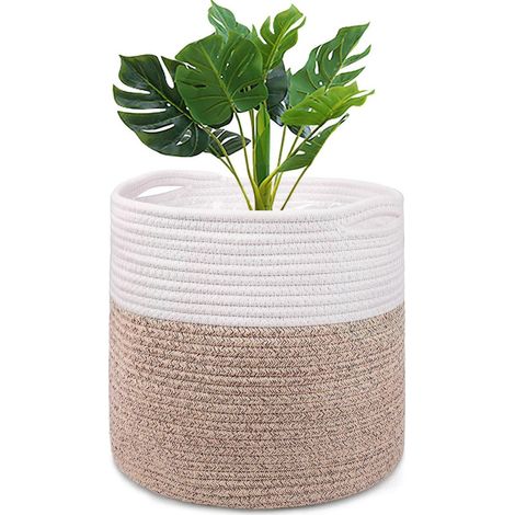 30cm Blumentopf mit Einsatz aus Baumwolle, gewebter Aufbewahrungskorb für Zimmerpflanzen, Weiß & Khaki (1/5)
