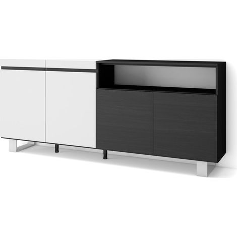 Skraut Home - Buffet salon et cuisine, Meuble de Rangement, Commode, 200x87x35cm, 4 Portes, Design industriel, Style moderne, Blanc et noir (1/5)