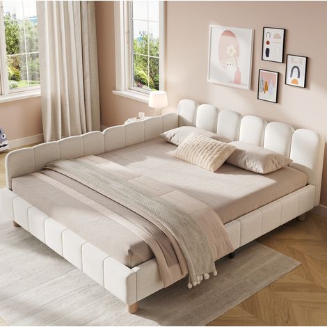 Etagenbett 140 x 190 cm de terciopelo beige con barreras laterales, cabecero ergonómico y somier (1/5)